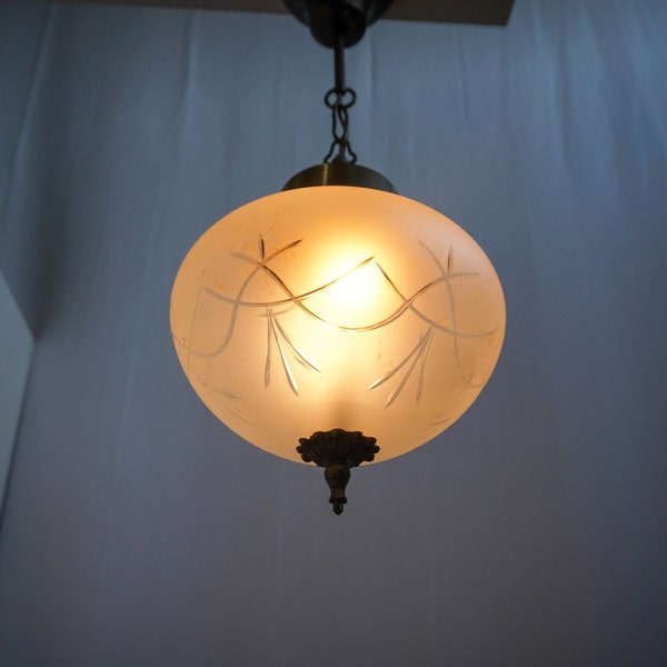 1950s Art Nouveau Pendant, ceiling light, etched glass lampshade, glass, brass bronze plated