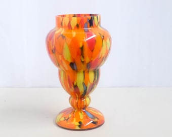 Art Deco Vase, by Antonin Ruckl, for, Kralik Bohemia, 1930s, Multicoloured Spatter Splatter Glass Vase, orange, yellow, red, grey, black