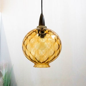 1960s Sweden, Amber Glass Pendant, Space age Design Vintage Pendant Lamp, teak top, Danish Design