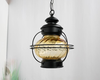 Mid Century, pendant light, art deco pendant ceiling lamp, vintage hallway light, glass pendant light, black metal, amber yellow glass