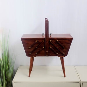 vintage teak veneer wood, midcentury modern, sewingbox, knitting box, organiser, aditional table, side table, 1960 furniture, danish design