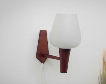 Teak Wooden Wall Lamp, Very Rare Vintage wall mounted lamp 60s, wall lamp,danish design, frosted glass, satin milk glass