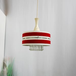1960s Danish Design Vintage Pendant Lamp, Space Age , Dutch Design, Pressed Glass, white metal, red velvet