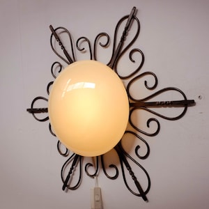 Very rare cream white opaline glass ceiling light, art deco lamp, Sun flower, Star burst opaline glass ceiling bulb lamp, netherlands 1930s