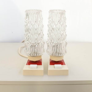A set of Richard Essig Vintage 70&#39; White Red plastic and cut glass bedside/table lamp