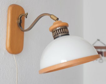 Vintage Mushroom Lamp, wall lamp, White Shade, Brass, Wood, Dutch design, white acrylic mushroom, mid century 1980s
