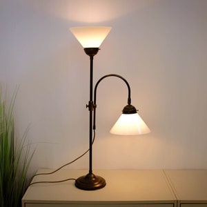Dutch Brass Table Lamp with white opaque glass shade and beautifully crafted bronze/brass Base. uplighter