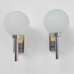a Set of 1960s swedish chrome metal Wall Lamp, white frosted milk glass, metal wall lamp, made in sweden, milk glass globe
