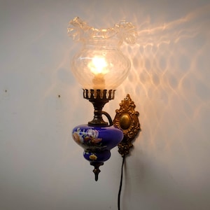 Art Nouveau Brass Wall Mounted Arm Lamp, German Lighting, 1950s, blue ceramic, glass, Wall lamp