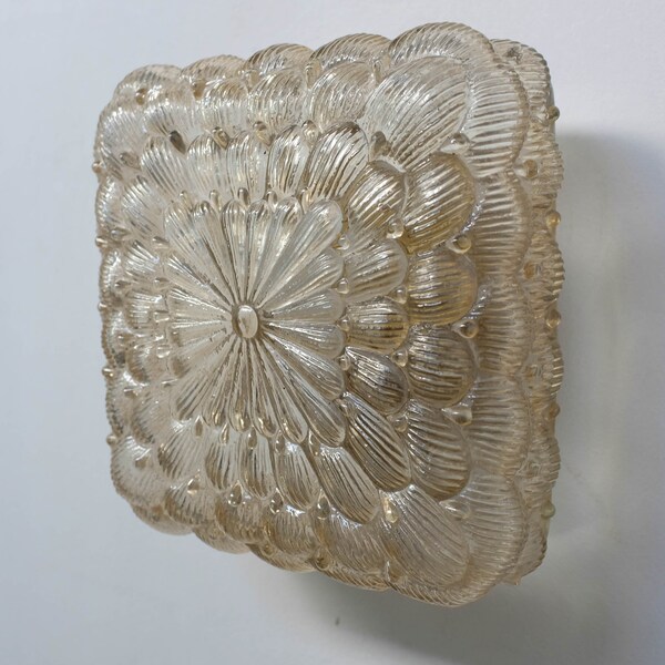 Vintage Amber glass ceiling lamp, Mid Century Flush Mount ceiling, Pressed Glass Ceiling Light Fixture
