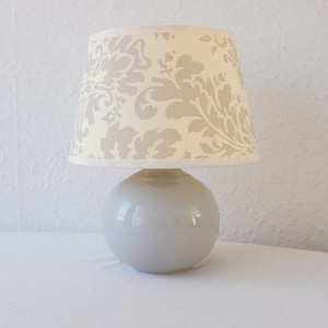 Vintage 80s Small Ceramic Table Lamp,Mid Century Modern, grey blue base, blue beige floral pattern modern lampshade