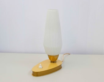 1950s Mid Century Bedside or Table Lamp, white milk glass shade, Desk lamp, italian , glass pleated shade, ochre yellow gold white