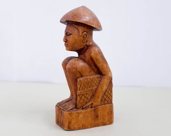 Vintage Art Deco Hand Carved Wooden Statue of a man sitting with suitcase , Colonial Dutch Art , wood carving, sculpture, asian art