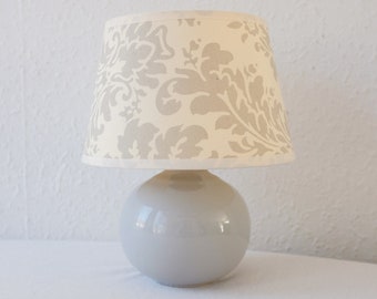 Vintage 80s Small Ceramic Table Lamp,Mid Century Modern, grey blue base, blue beige floral pattern modern lampshade
