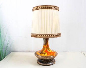 West Germany 70s Ceramic Table Lamp,Mid Century Modern, red brown yellow orange base, cream white vintage lampshade