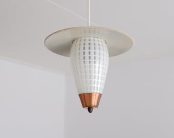 1960s Danish Design Vintage Pendant Lamp, Space Age , Dutch Design, White Glass, Copper, brass,