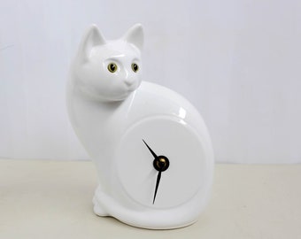 1970s Ceramic Table Clock, Vintage Dutch clock with a new timer, Cat, white