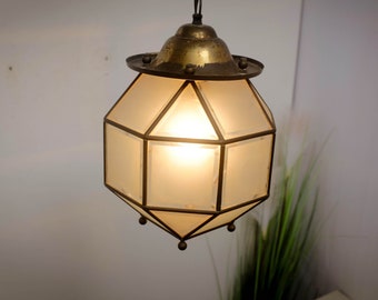 1950s Italian Octagon Pendant Lamp, Space age Design Vintage Pendant Lamp, ice glass, brass , Italian Design