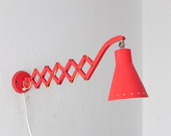 Hala Zeist, Vintage red metal Scissor Lamp, harmonica/accordion lamp, mid century design lamp