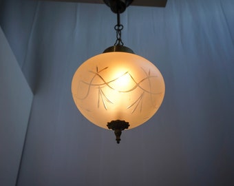 1950s Art Nouveau Pendant, ceiling light, etched glass lampshade, glass, brass bronze plated