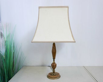 1960s Brass Marble Table Lamp with brass Trim Base, white vintage lampshade, made in Italy