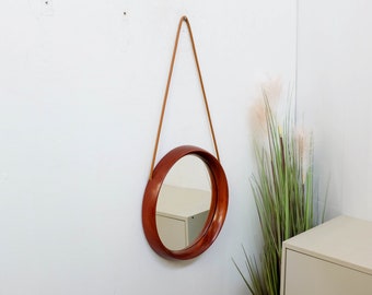 1960s Round danish Teak mirror, leather strap, mid century modern