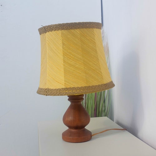 Vintage 1960s swedish shops Teak Table Lamp, Mid Century Modern, Teak wood base , yellow vintage lampshade