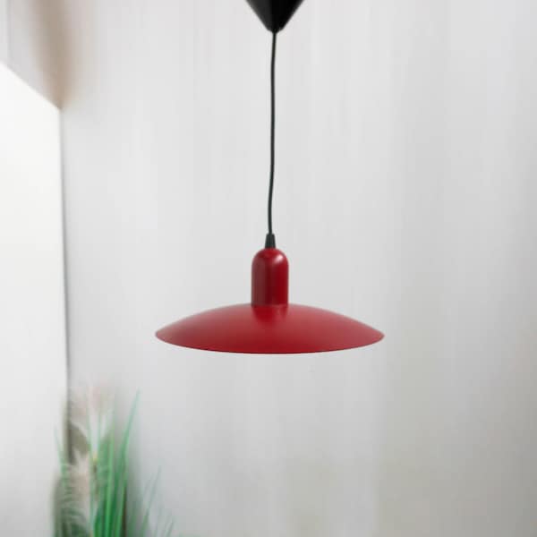 1980s Minimalist burgundy red White ceiling lamp, red and White Vintage Pendant, Hanging Lamp, Danish Design, memphis style