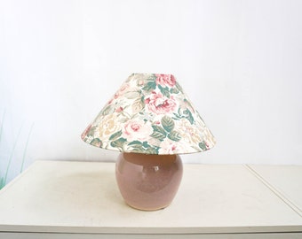 Vintage 80s Ceramic Table Lamp,Mid Century Modern, pink purple base , white floral pattern vintage lampshade