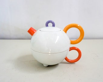 1980s Arzberg Matteo Thun Tea For One, tea pot, cup, white, purple, yellow, orange