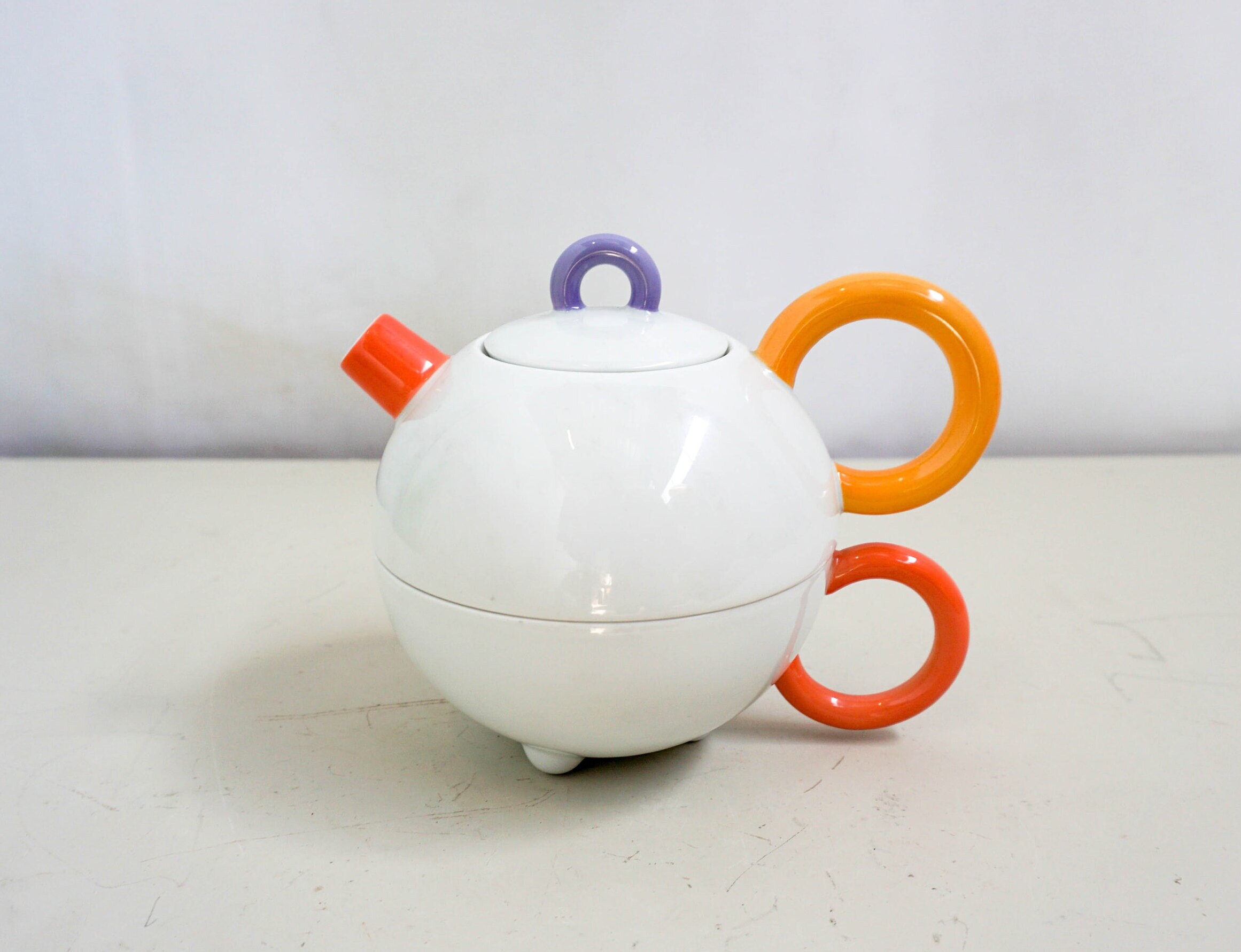 1980s Arzberg Matteo Thun Tea for One, Tea Pot, Cup, White, Purple