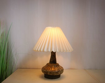 Vintage 60s Danish Ceramic Table Lamp, Mid Century Modern, brown gray base , white pleated vintage lampshade