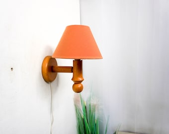 Mid Century Pine Wall Mounted Arm Lamp, Swedish Modern Lighting, 1980s, Scandinavian, Danish, Dutch, wooden sconce orange shade