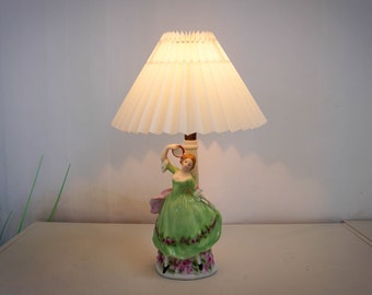 1960s Italian Porcelain Table Lamp, Figurine, Capodimonte style, pleated lampshade