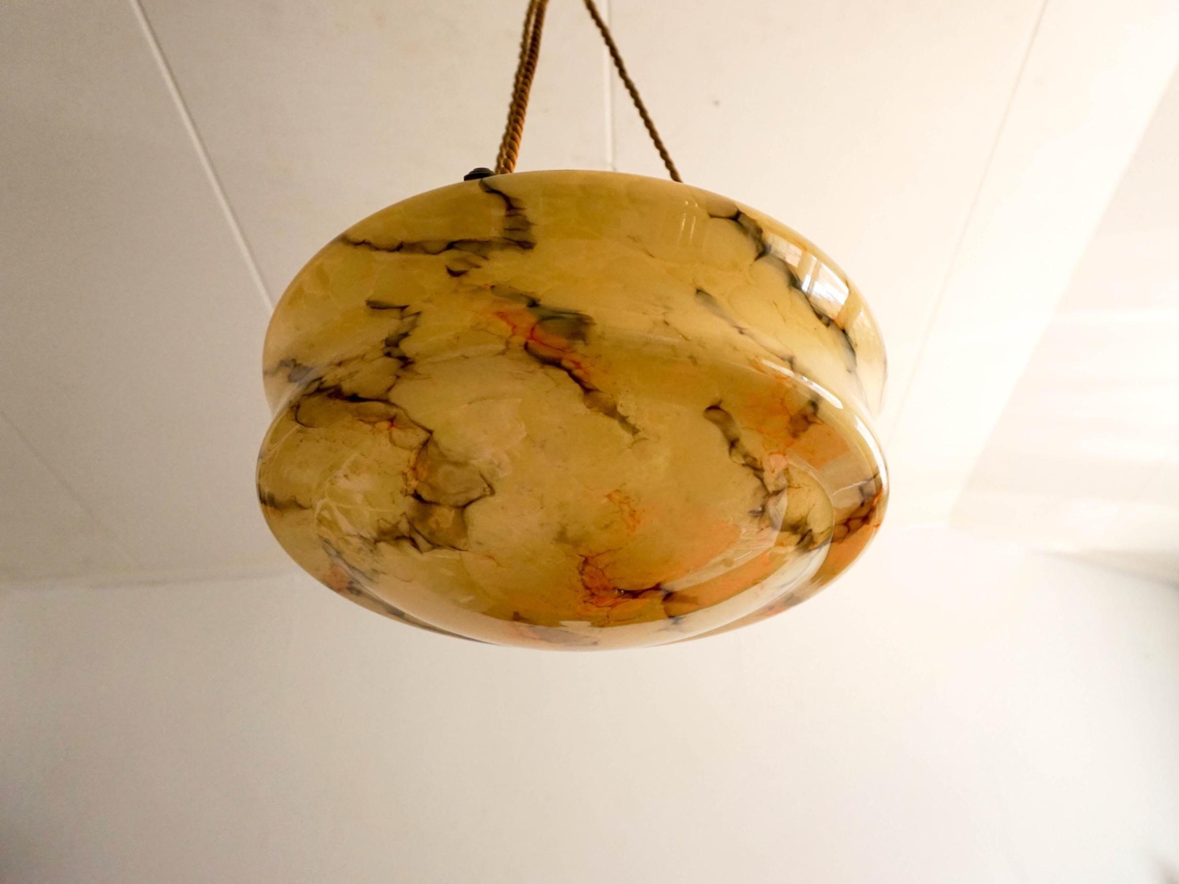 1930s Art Deco Opaline glass hanging lamp, Very rare beige brown marbled glass, ceiling light, netherlands 1930s