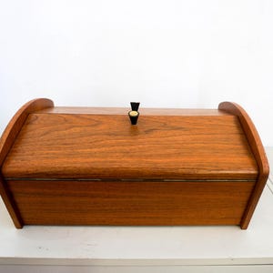 vintage teak veneer wood, midcentury modern, sewing box, knitting box, organizer, 1960 furniture, danish design
