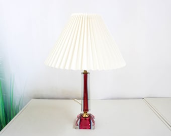 1960s Murano Glass Table Lamp, glass brass table Lamp, Very Rare Vintage table lamp, Italian design, cream white pleated lampshade