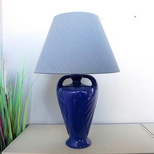 Large Vintage 80s Ceramic Table Lamp, Mid Century Modern, dark blue base, blue modern lampshade