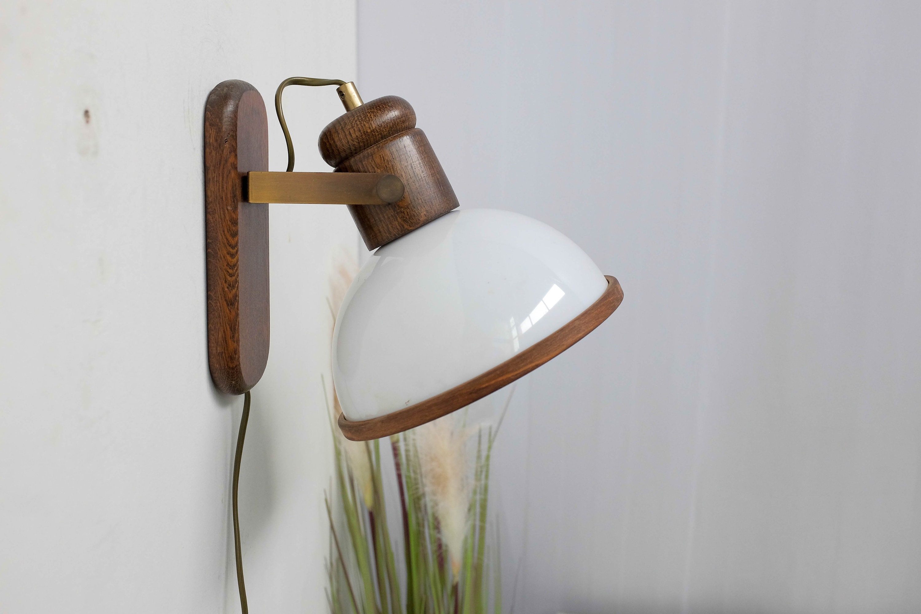 Vintage Mushroom Lamp wall lamp White Shade Brass Wood Etsy