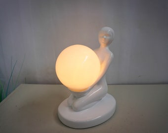 White ceramic table lamp, lady with the bulb of light, glass ball, delft white, glass globe, art deco