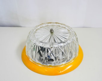 1960s Vintage Ceiling light, Clear glass ceiling lamp, Mid Century Flush Mount ceiling, Pressed Glass Ceiling Light Fixture, yellow