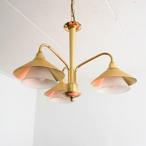 1980s, Massive Belgium, Vintage Pendant Lamp, White Glass, Brass, Chandelier, Hollywood Regency style