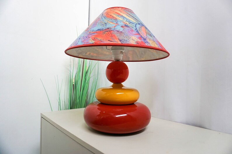 1990s Albret ceramic table lamp, made in France, red, yellow, orange, blue image 3