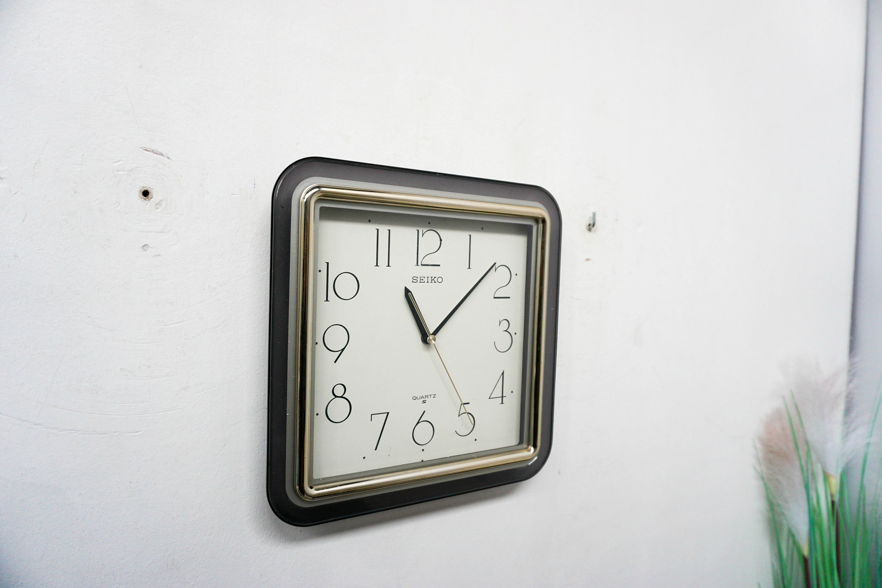 Vintage Seiko Orient Quartz Wall Clock MCM Square Gold Toned