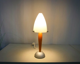 1990er Jahre Vintage Hema Tischlampe, Milchglas, Holz, Pilzlampe