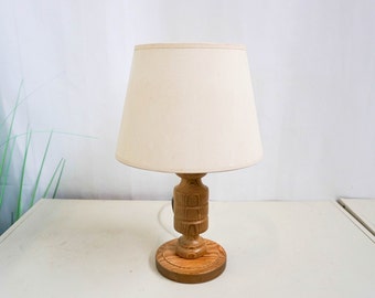 Vintage 70s swedish pine Table Lamp, Mid Century Modern, light pine wood base , cream white vintage lampshade