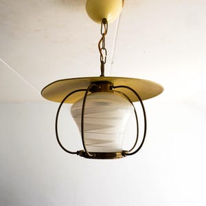 1950s Philips the Netherlands, Space age Design Vintage Pendant Lamp, frosted Milk Glass, yellow metal top, Dutch Design