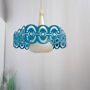 1960s, Space age Design, Vintage Pendant Lamp, frosted Milk Glass, baby blue metal, German Design