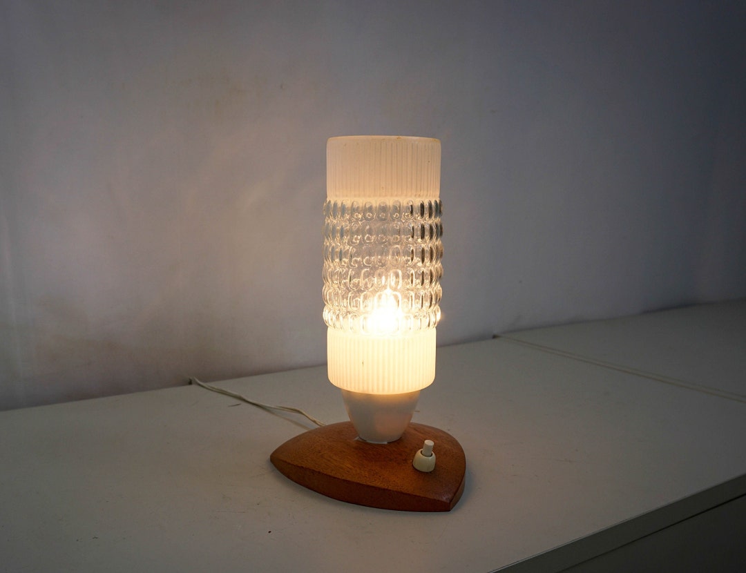 Mid Century Bedside or Table Lamp, White Milk Glass Shade, Teak Base ...