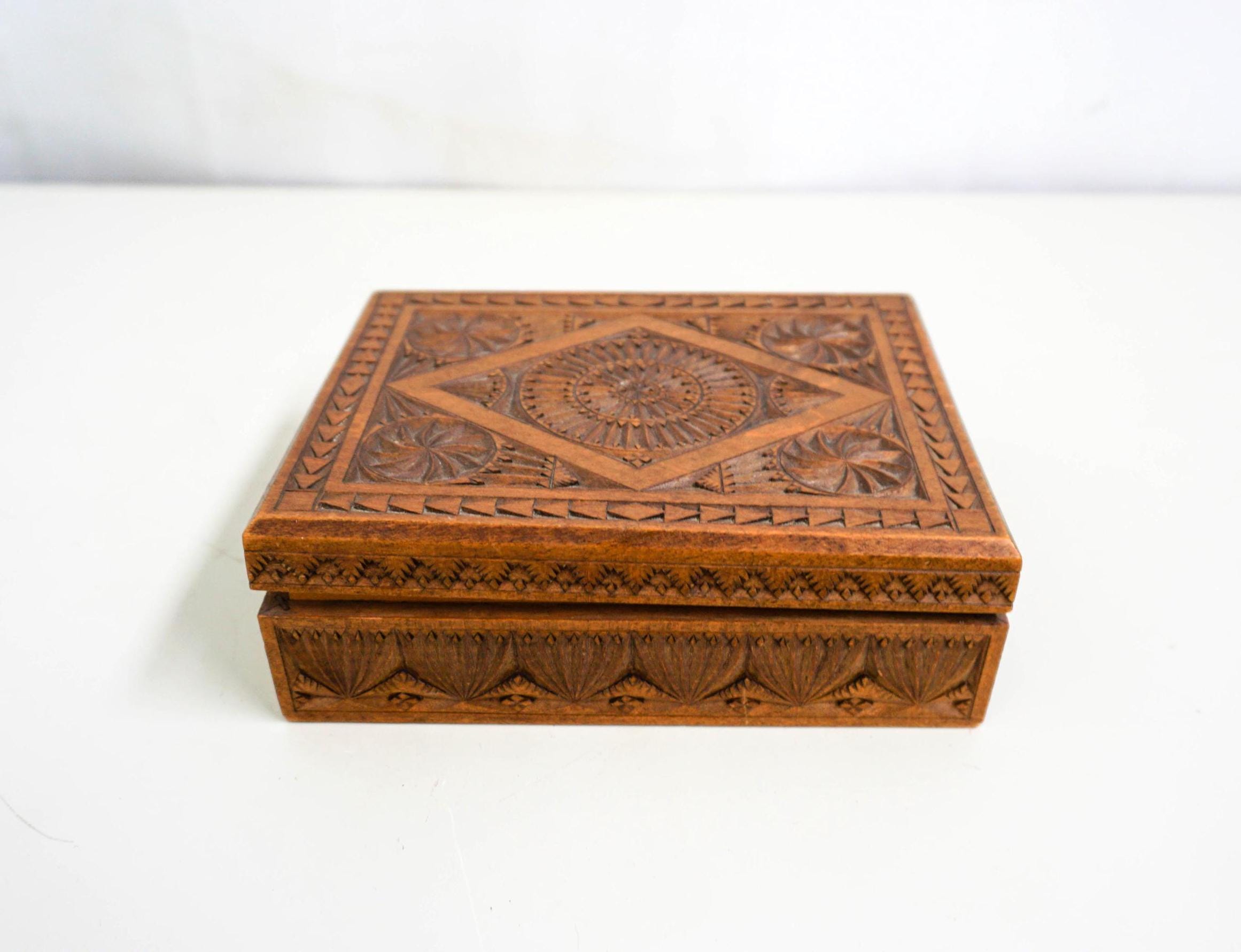 Antique Wooden Box, Sewing Box, 1930s Arts & Crafts Hand Carved